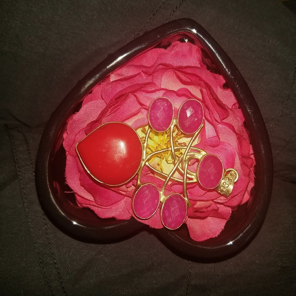 Huge vintage sterling plate ruby/coral pendant